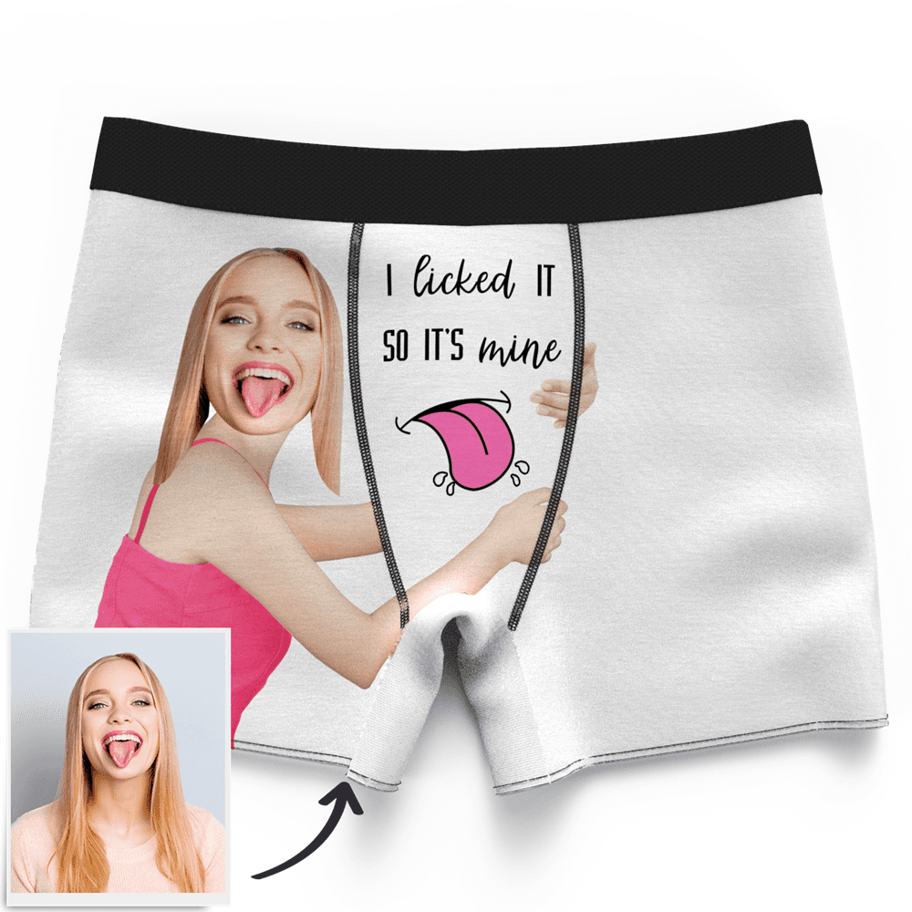 Personalized I Licked It So It's Mine With Your Name - Heather Grey Boxer  Brief Underwear